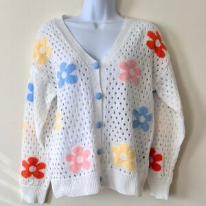 Open Knit Lightweight Cardigan White w Blue Yellow Pink Red Flowers Size Medium